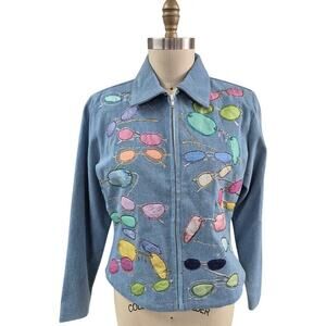 VTG 80s 90s Anage Cotton Denim Jacket Sunglasses Themed Sz L Embroidered